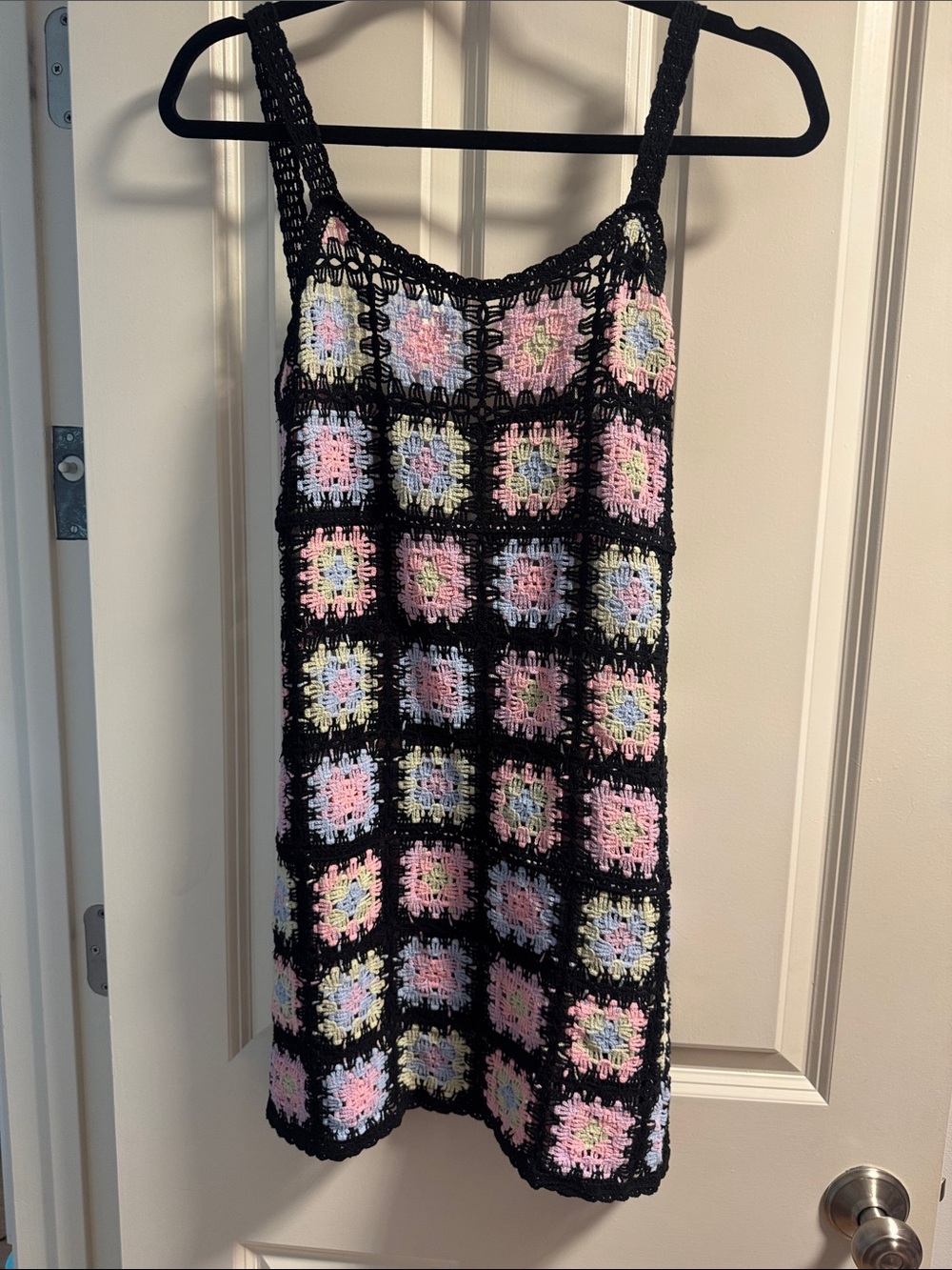 MARBLE Black Crochet Grid Dress with Pastel Floral Squares